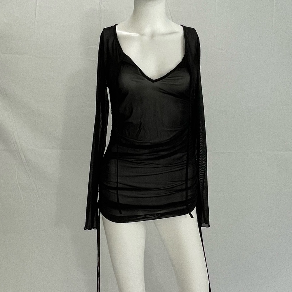 Bathing suit Cover up. Black ruched sides with adjustable strings. See through.